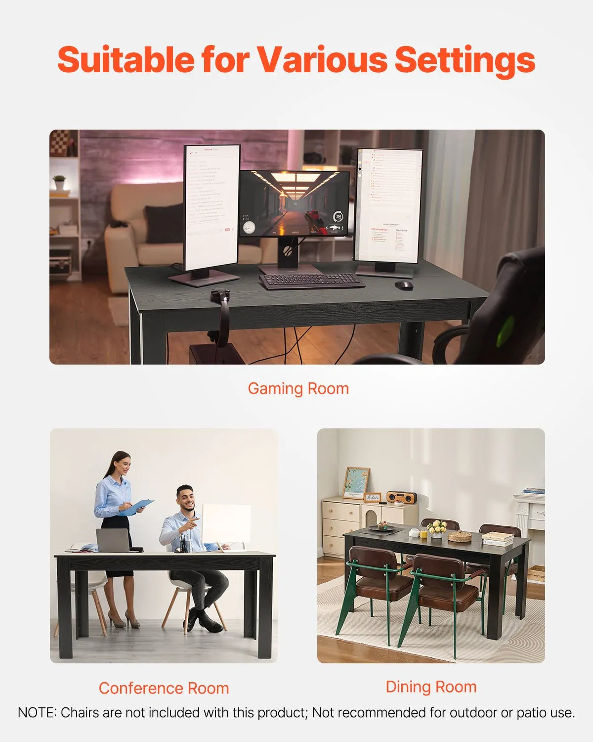 VEVOR Rectangular Dining Table, 160 cm Large Wooden Table for 4–6 People, Modern Design Dining Room Furniture or Conference Table with 150 kg Weight Capacity, Suitable for Kitchen, Living Room or Office, Black (Table Only)