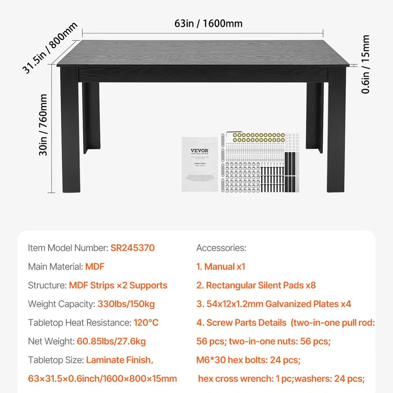VEVOR taisnstūra ēdamgalds, 160 cm garš liels koka galds 4–6 personām, moderna dizaina ēdamistabas mēbele vai konferences galds ar 150 kg nestspēju, piemērots virtuvei, viesistabai vai birojam, melns (tikai galds)
