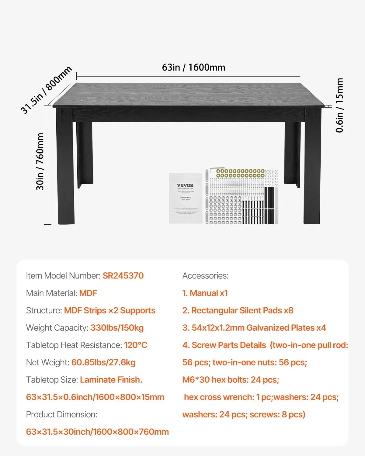 VEVOR Rectangular Dining Table, 160 cm Large Wooden Table for 4–6 People, Modern Design Dining Room Furniture or Conference Table with 150 kg Weight Capacity, Suitable for Kitchen, Living Room or Office, Black (Table Only)