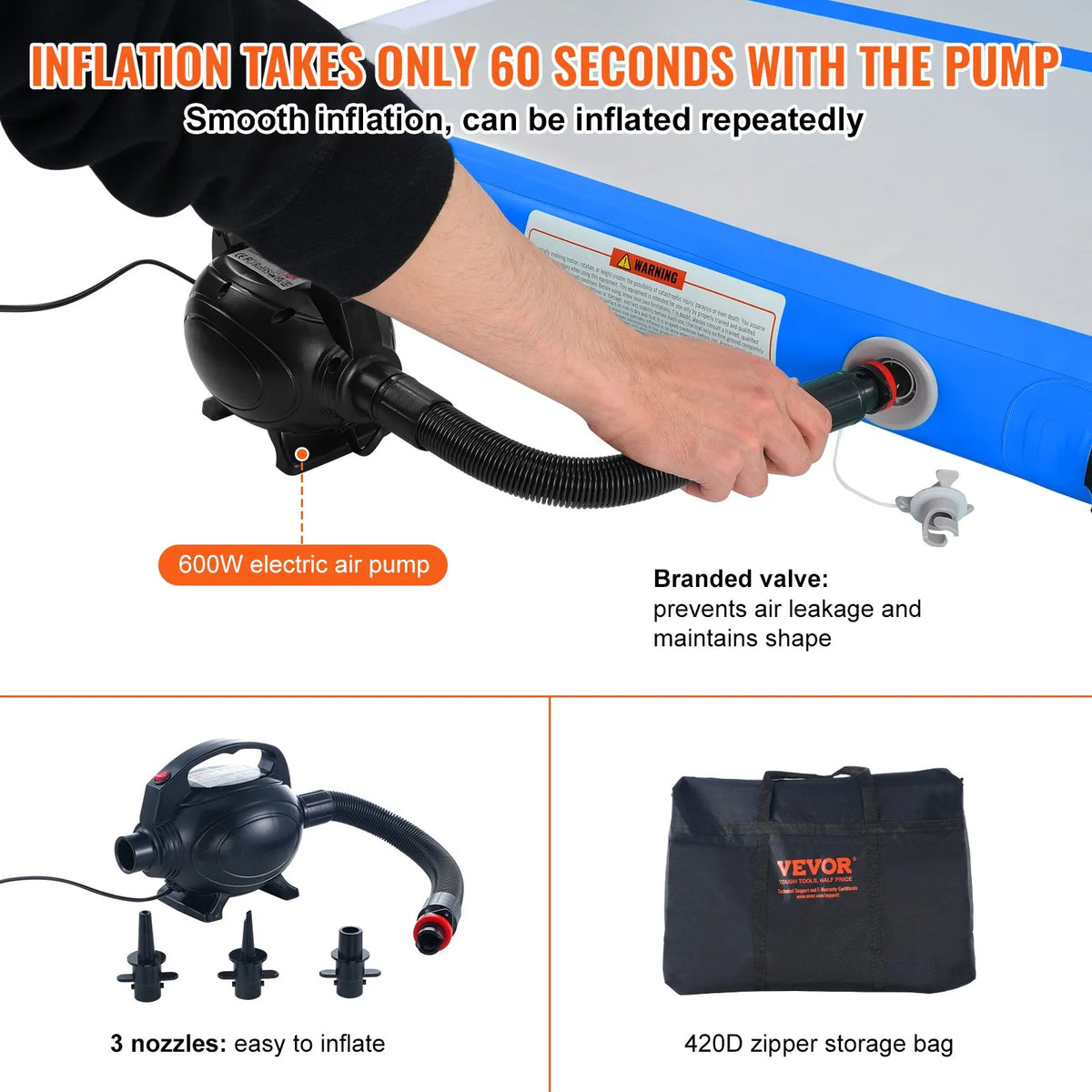 VEVOR Air Track Inflatable Gymnastics Mat 6.1 m with Electric Pump and Repair Kit