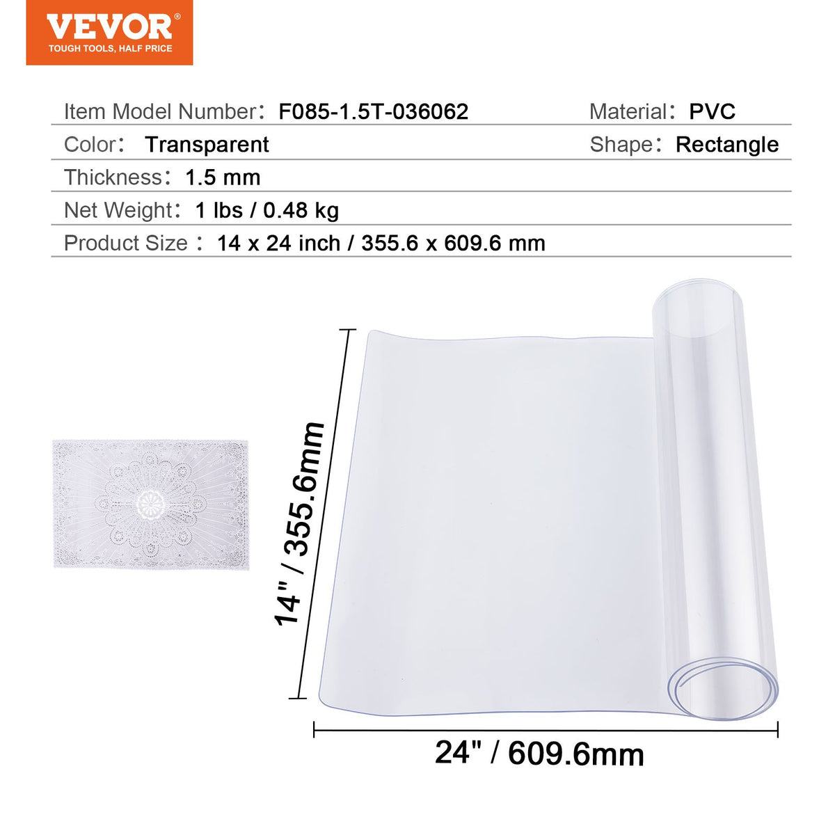 VEVOR PVC Table Protector 35.6 × 61 cm, 1.5 mm, Clear, Water-Resistant