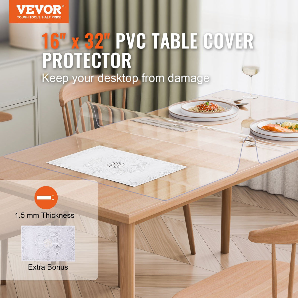 VEVOR PVC Table Protector 40 × 80 cm, 1.5 mm, Transparent, Water-Resistant