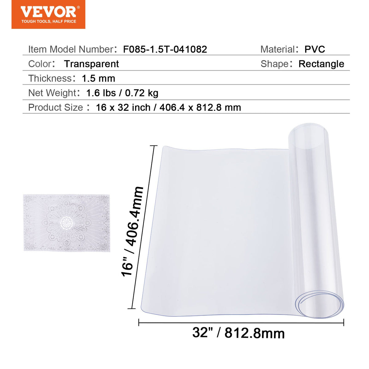 VEVOR PVC Table Protector 40 × 80 cm, 1.5 mm, Transparent, Water-Resistant