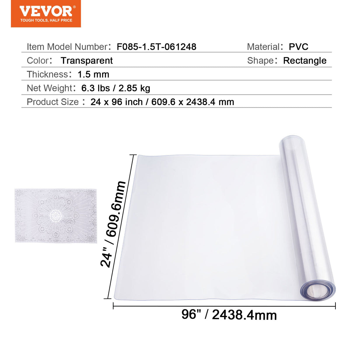 VEVOR PVC Table Protector 61 × 244 cm, 1.5 mm, Clear, Water-Resistant