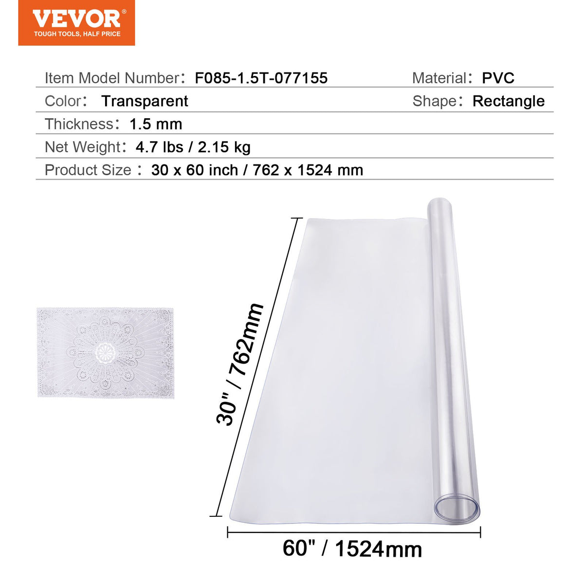 VEVOR PVC Table Protector 76 × 152 cm, 1.5 mm, Clear, Water-Resistant