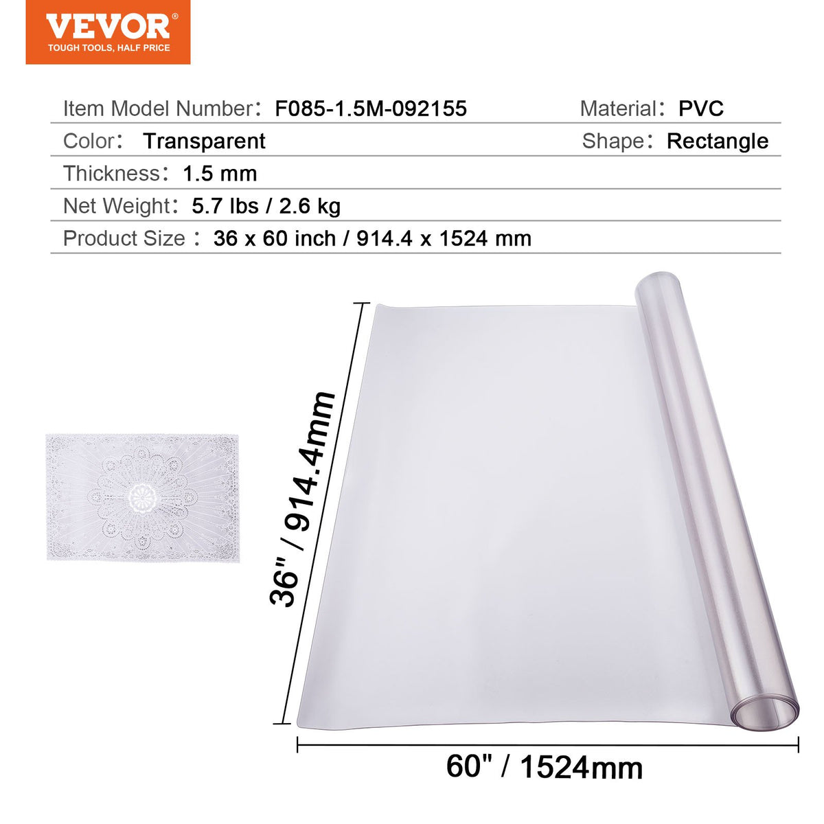 VEVOR PVC lauakate 91 × 152 cm, 1,5 mm, matt, veekindel