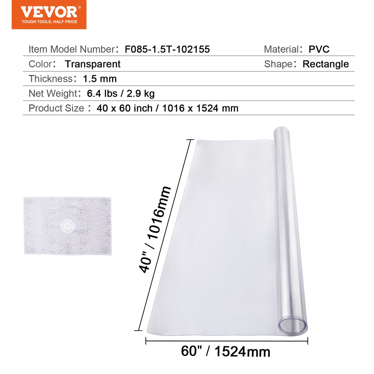 VEVOR PVC Table Protector 100 × 150 cm, 1.5 mm, Transparent, Water-Resistant