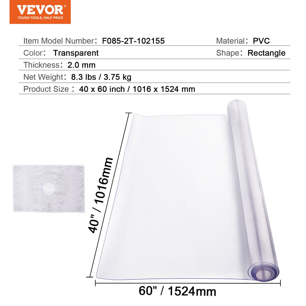 VEVOR PVC Table Protector 101 × 152 cm, 2 mm, Clear, Water-Resistant