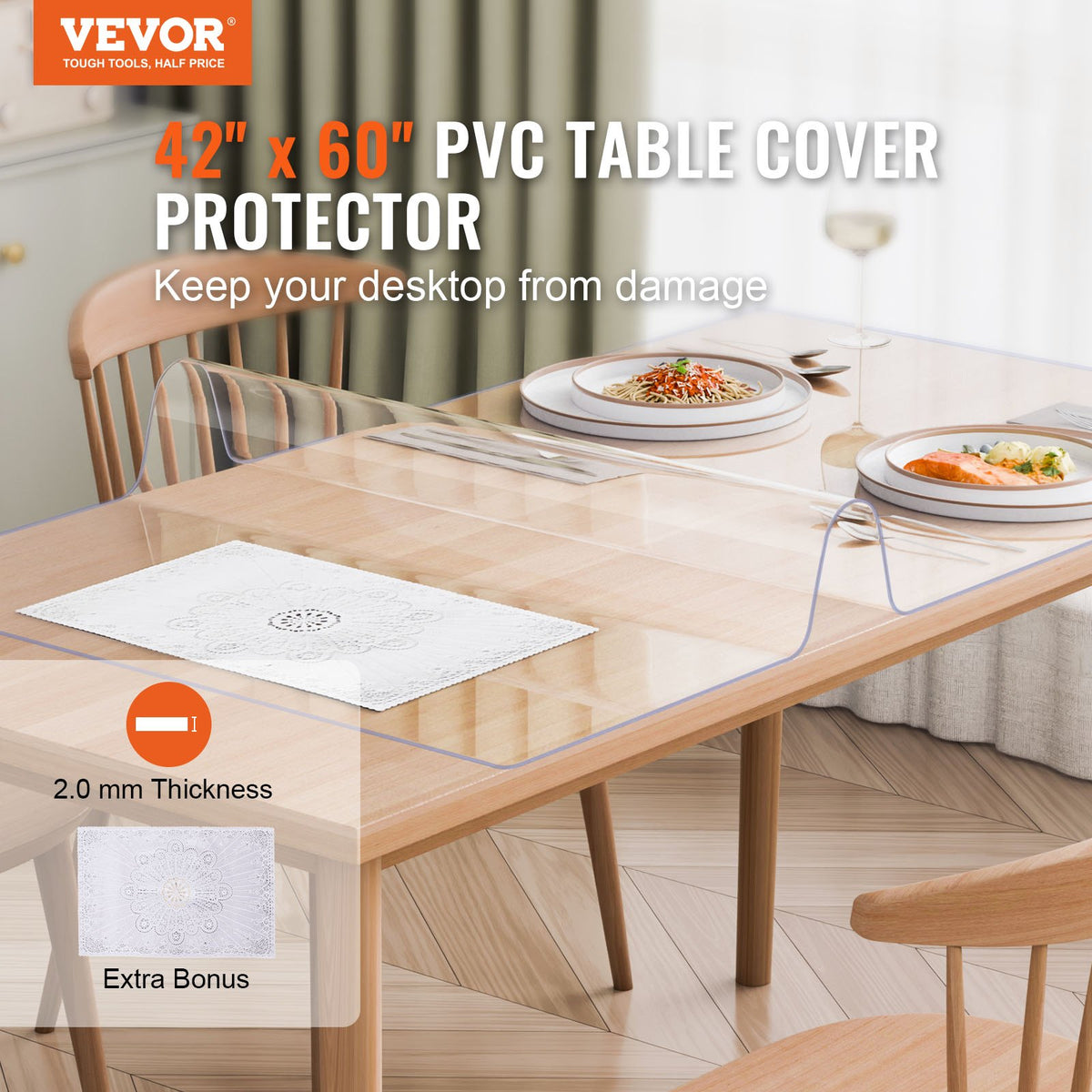 VEVOR PVC lauakate 107 × 152 cm, 2 mm, läbipaistev, veekindel
