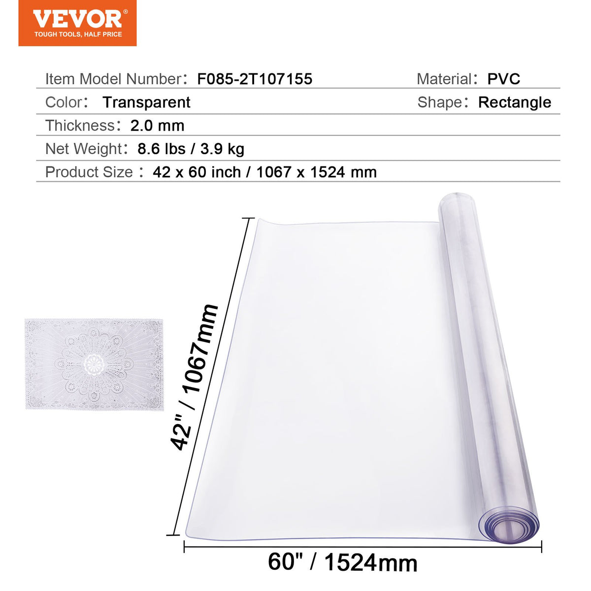 VEVOR PVC lauakate 107 × 152 cm, 2 mm, läbipaistev, veekindel