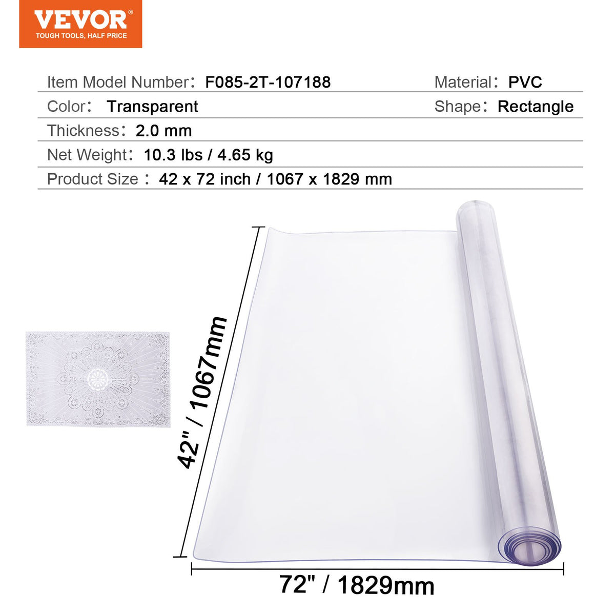 VEVOR PVC Table Protector 107 × 183 cm, 2 mm, Clear, Water-Resistant