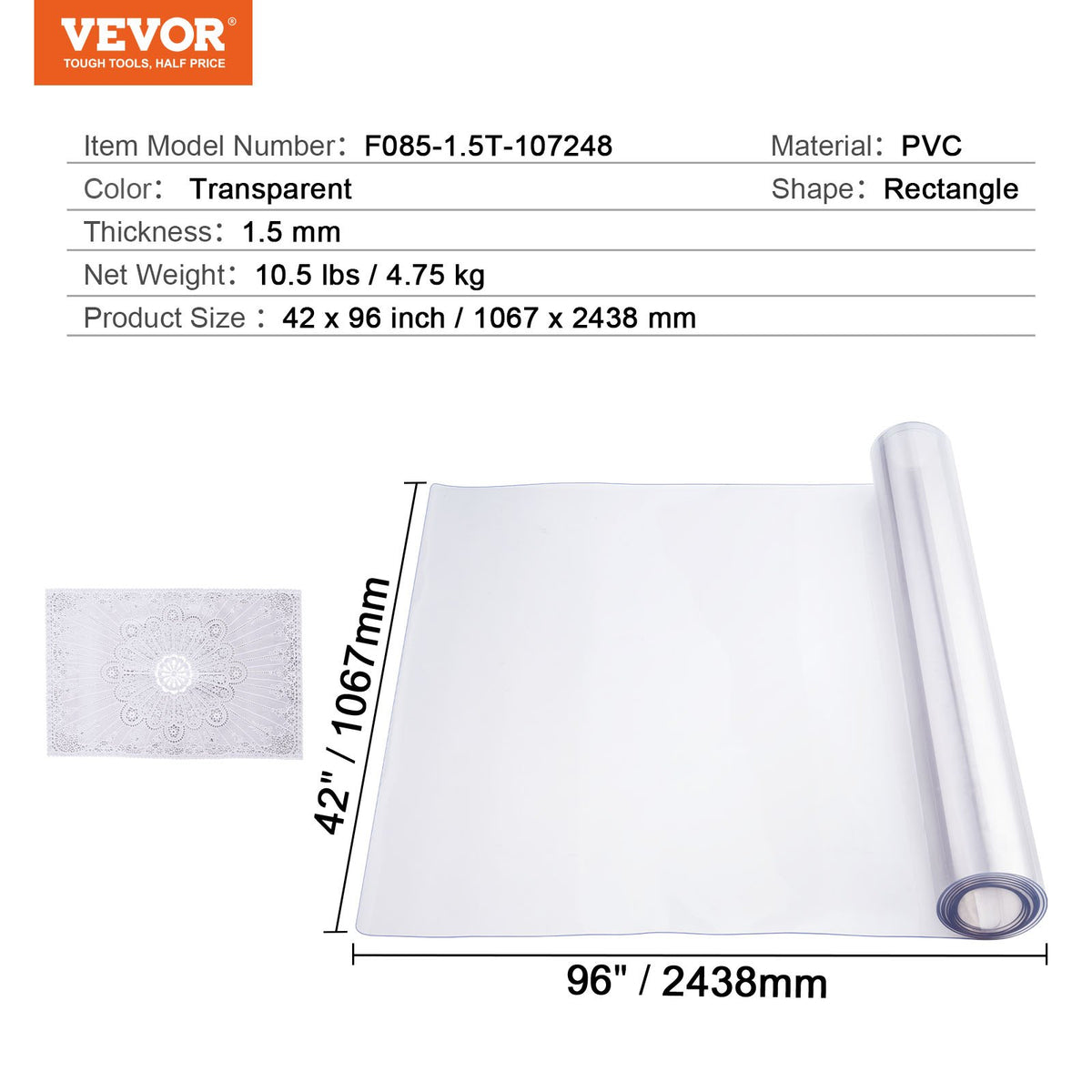 VEVOR PVC galda pārklājs 107 × 244 cm, 1,5 mm, caurspīdīgs, ūdensizturīgs