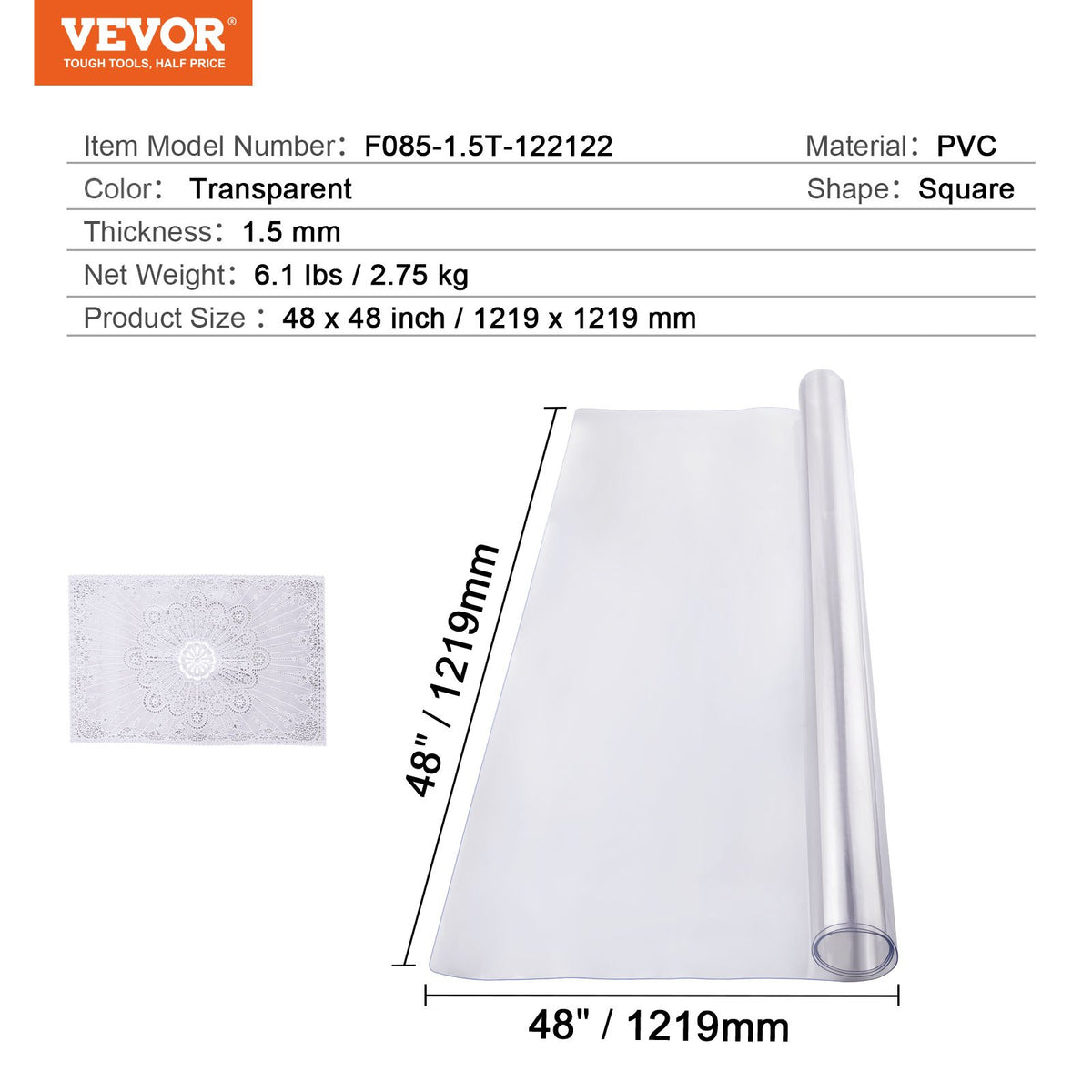 VEVOR PVC lauakate 122 × 122 cm, 1,5 mm, läbipaistev, veekindel
