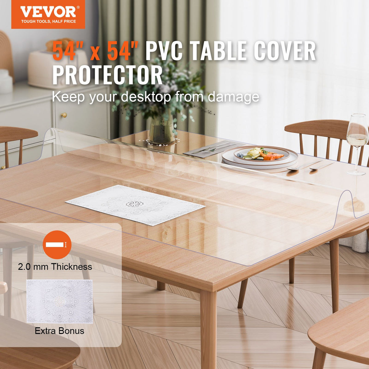 VEVOR PVC Table Protector 137 × 137 cm, 2 mm, Clear, Water-Resistant