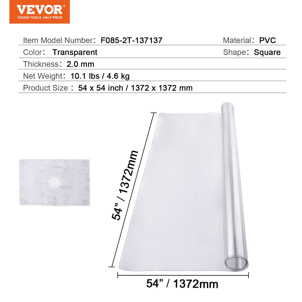 VEVOR PVC Table Protector 137 × 137 cm, 2 mm, Clear, Water-Resistant
