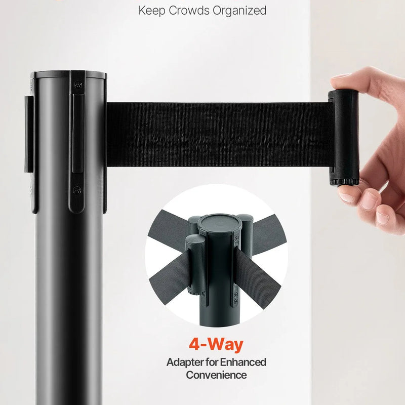 VEVOR barjeras stabi 4 gab., rindas organizēšanas sistēma ar 4 izvelkamām lentēm, melni oglekļa tērauda stabi ar smiltīm pildāmu pamatni, piemēroti teātriem, pasākumiem, kāzām un izstādēm