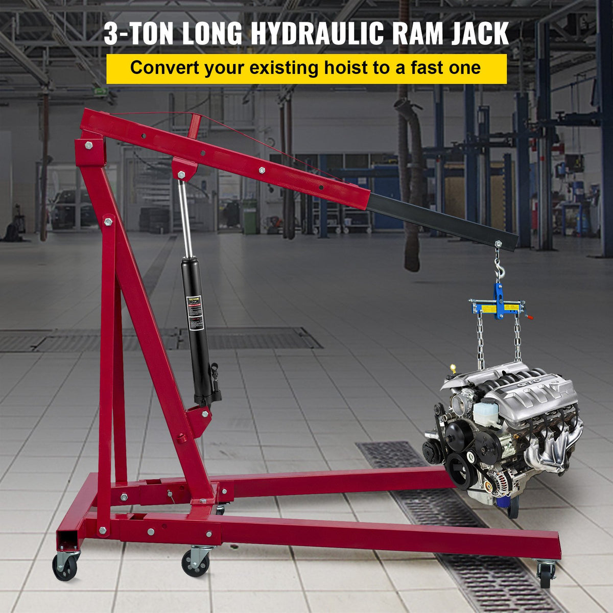 VEVOR Hydraulic Long Frame Jack, 3 t Lifting Capacity, with Single-Acting Pump and Clevis Base, Manual Floor Jack with Handle, Suitable for Garage/Workshop Cranes, Engine Lifting, Black