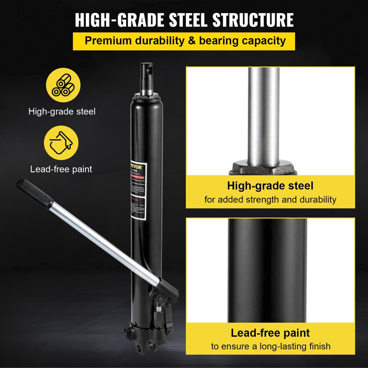 VEVOR Hydraulic Long Frame Jack, 3 t Lifting Capacity, with Single-Acting Pump and Clevis Base, Manual Floor Jack with Handle, Suitable for Garage/Workshop Cranes, Engine Lifting, Black