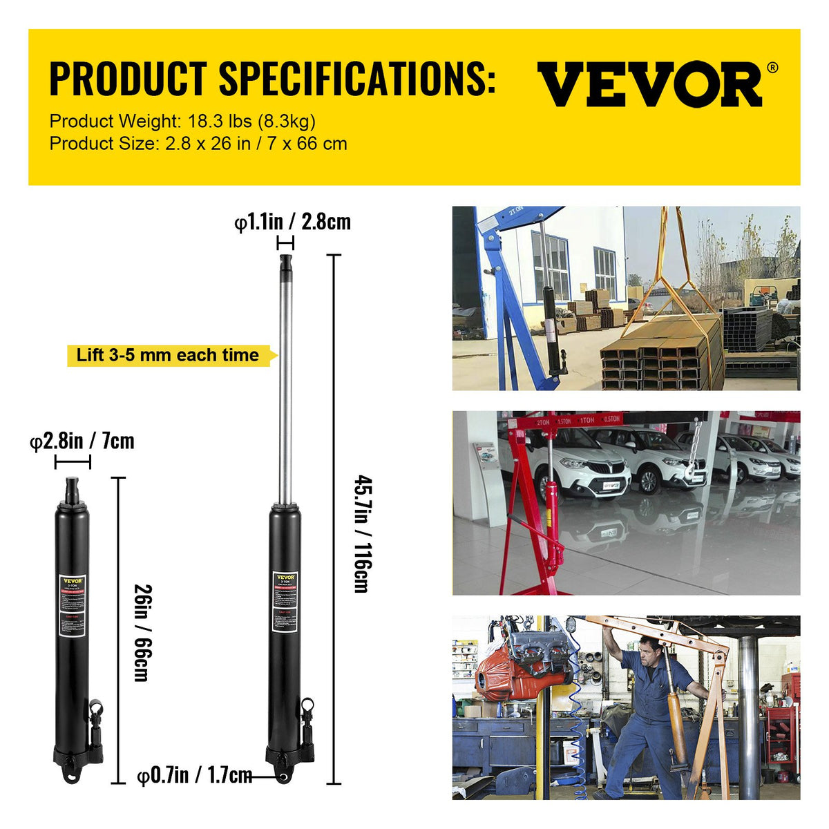 VEVOR Hydraulic Long Frame Jack, 3 t Lifting Capacity, with Single-Acting Pump and Clevis Base, Manual Floor Jack with Handle, Suitable for Garage/Workshop Cranes, Engine Lifting, Black