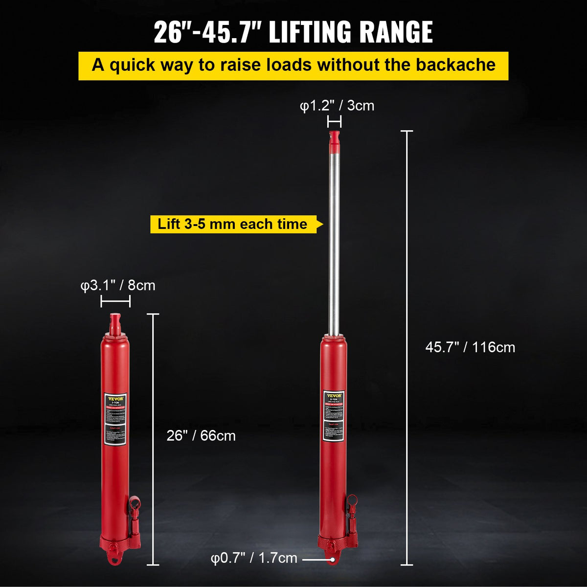 VEVOR Hydraulic Long Stroke Cylinder, 8 Tonne Capacity, with Single Acting Pump and Clevis Base, Manual Lift with Handle, for Garage/Workshop Jacks, Engine Lifter, Red.