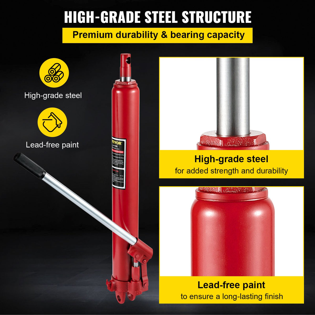 VEVOR Hydraulic Long Stroke Cylinder, 8 Tonne Capacity, with Single Acting Pump and Clevis Base, Manual Lift with Handle, for Garage/Workshop Jacks, Engine Lifter, Red.