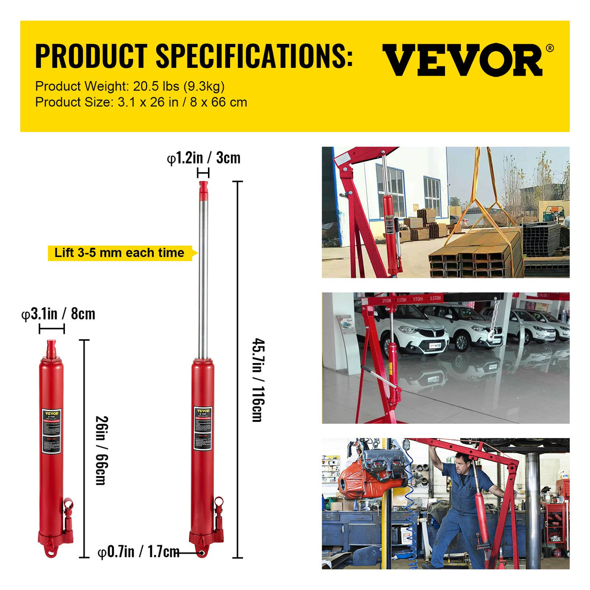 VEVOR Hydraulic Long Stroke Cylinder, 8 Tonne Capacity, with Single Acting Pump and Clevis Base, Manual Lift with Handle, for Garage/Workshop Jacks, Engine Lifter, Red.