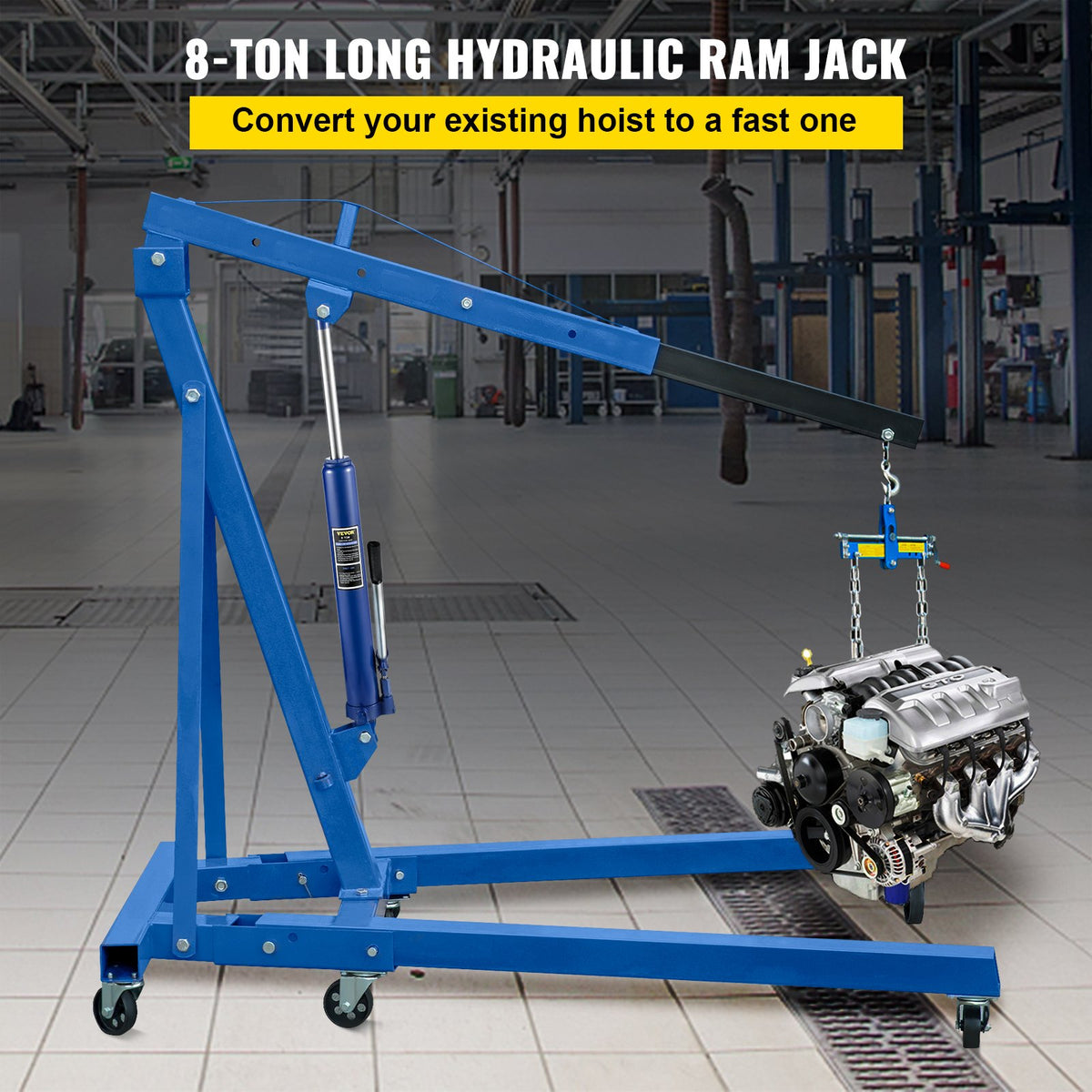 VEVOR Hydraulic Long Jack, 8 t Lifting Capacity, with Single-Acting Pump and Hook Base, Manual Trolley Jack with Handle, Suitable for Garages/Workshops, Engine Lifting, Blue