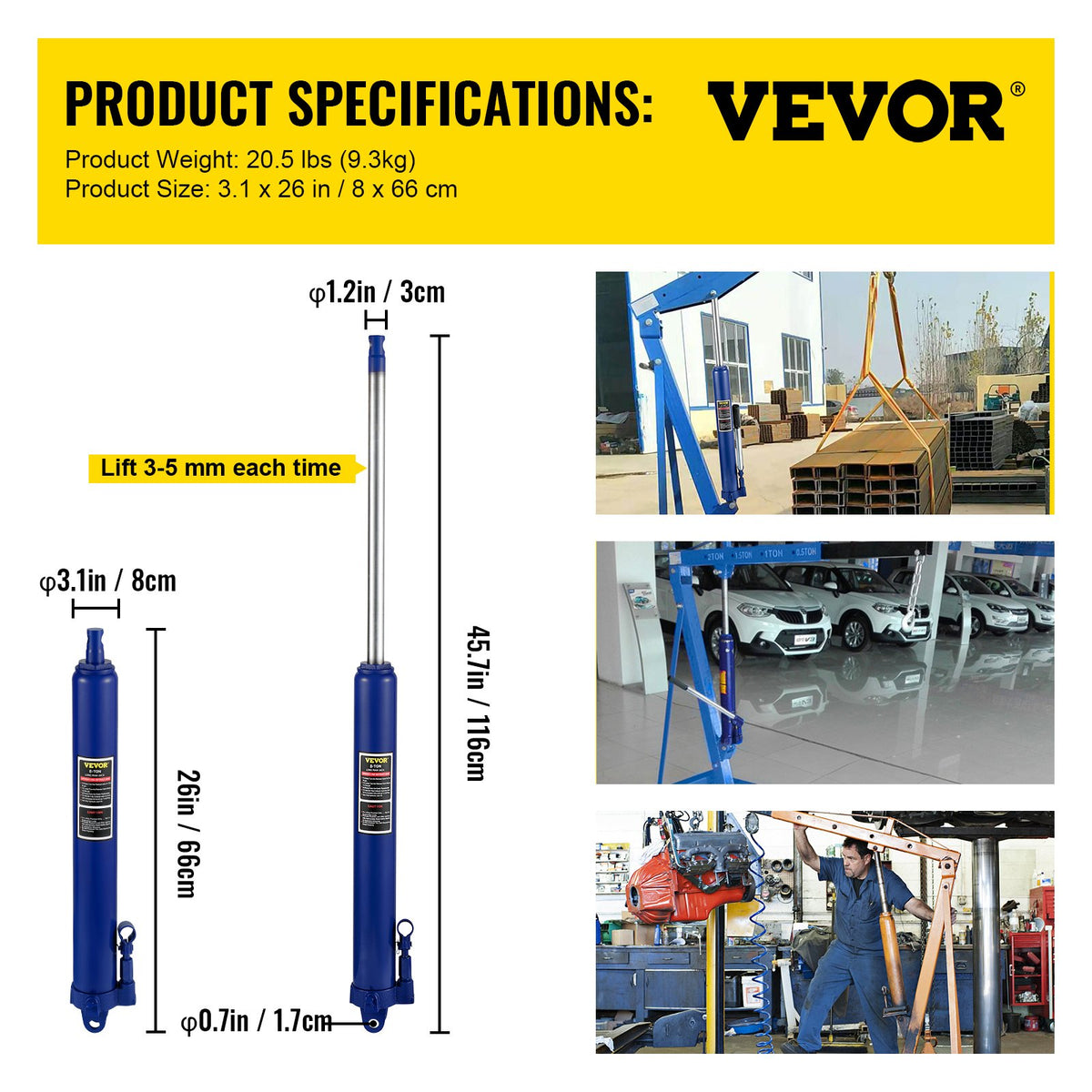 VEVOR Hydraulic Long Jack, 8 t Lifting Capacity, with Single-Acting Pump and Hook Base, Manual Trolley Jack with Handle, Suitable for Garages/Workshops, Engine Lifting, Blue