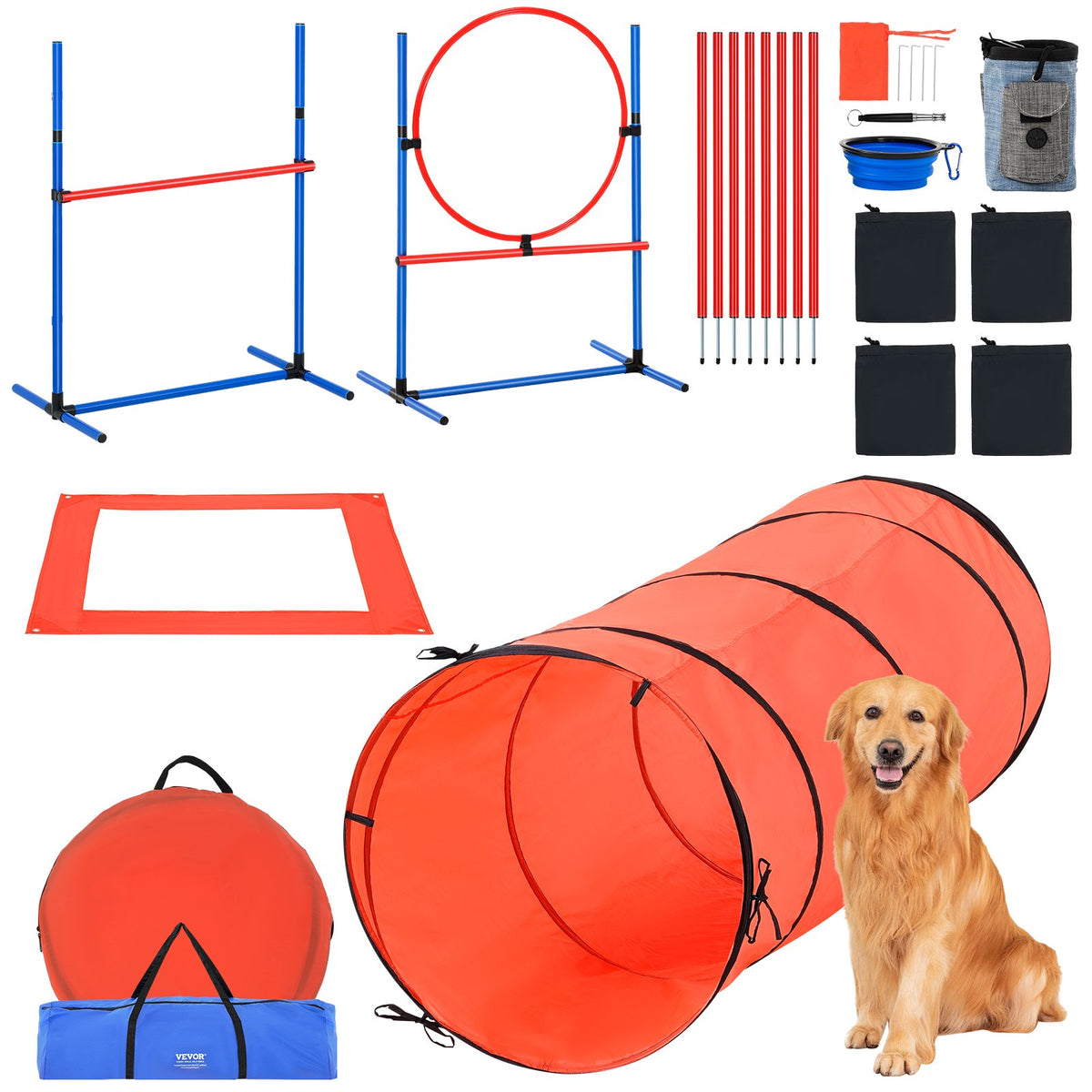 VEVOR suņu veiklības (agility) treniņu komplekts, 5 daļas – šķēršļi, slaloms, tunelis, riņķis, pauzes laukums, ar 2 somām