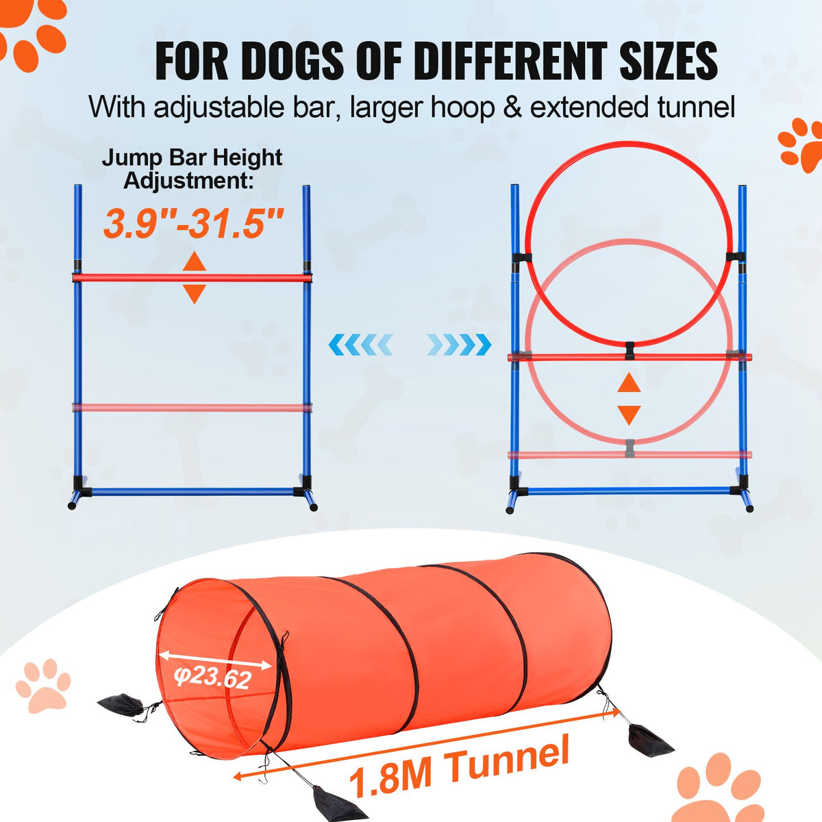 VEVOR suņu veiklības (agility) treniņu komplekts, 5 daļas – šķēršļi, slaloms, tunelis, riņķis, pauzes laukums, ar 2 somām