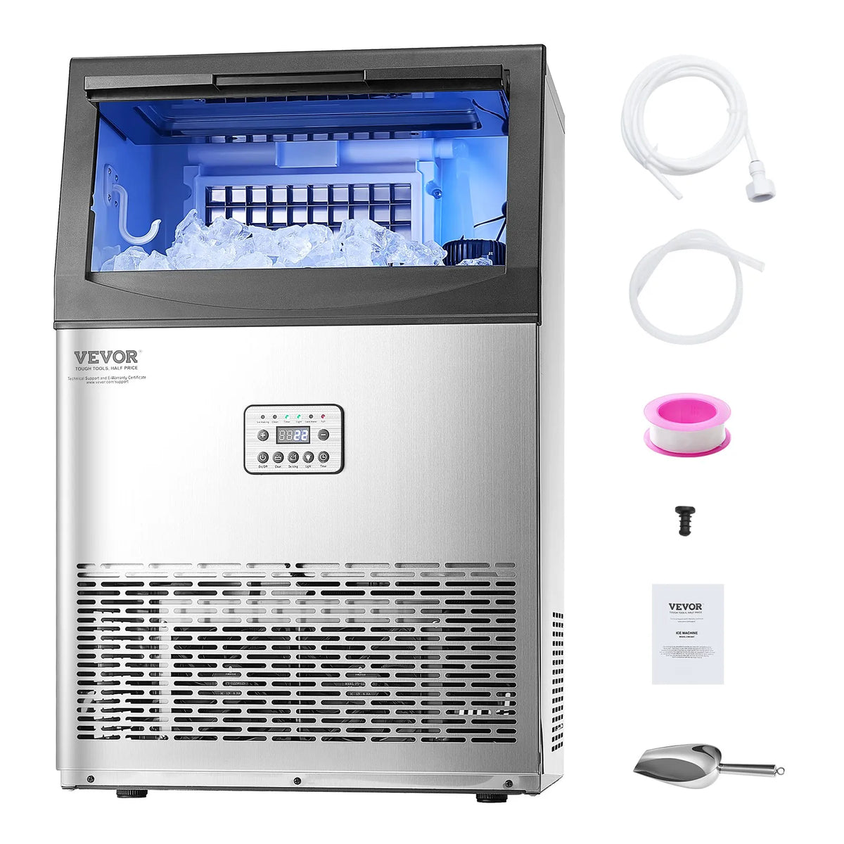 VEVOR komerciālais ledus ģenerators 40,8 kg/24 h ar drenāžas sūkni, 15 kg uzglabāšanas ietilpību, 50 kubiņi 15 minūtēs, brīvi stāvošs ar LED digitālo displeju un pašattīrīšanos, piemērots bāram, birojam un restorānam - ZEMLETES.LV