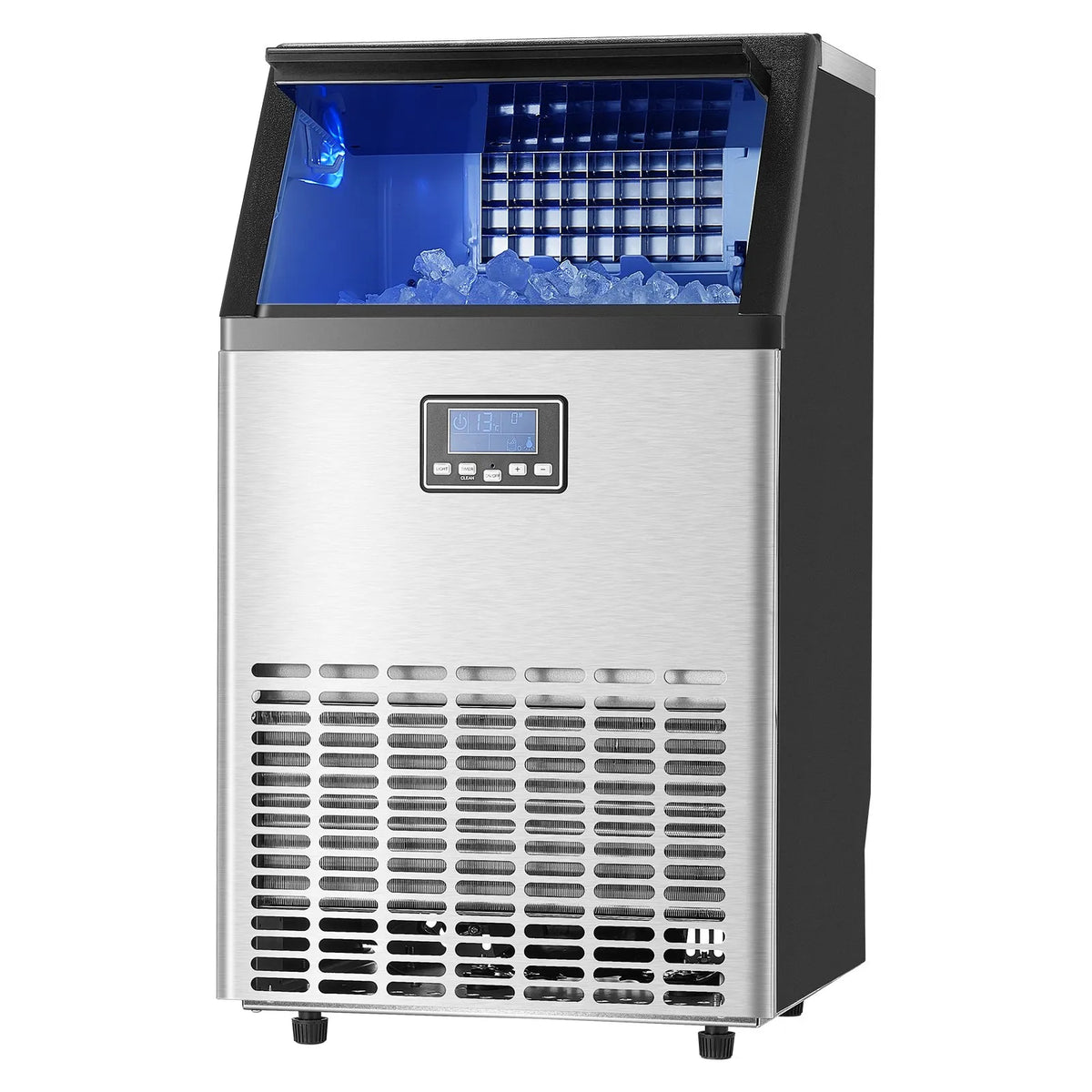 VEVOR komerciālais ledus ģenerators 45,4 kg/24 h ar drenāžas sūkni, 15 kg uzglabāšanas ietilpību, 45 kubiņi 15 minūtēs, brīvi stāvošs ar LED digitālo displeju un pašattīrīšanos, piemērots bāram, birojam un restorānam - ZEMLETES.LV