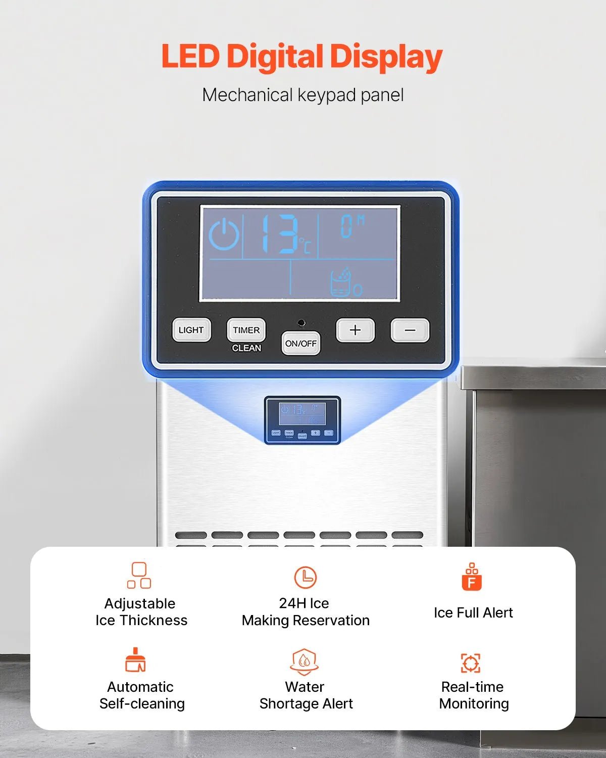 VEVOR komerciālais ledus ģenerators 45,4 kg/24 h ar drenāžas sūkni, 15 kg uzglabāšanas ietilpību, 45 kubiņi 15 minūtēs, brīvi stāvošs ar LED digitālo displeju un pašattīrīšanos, piemērots bāram, birojam un restorānam - ZEMLETES.LV