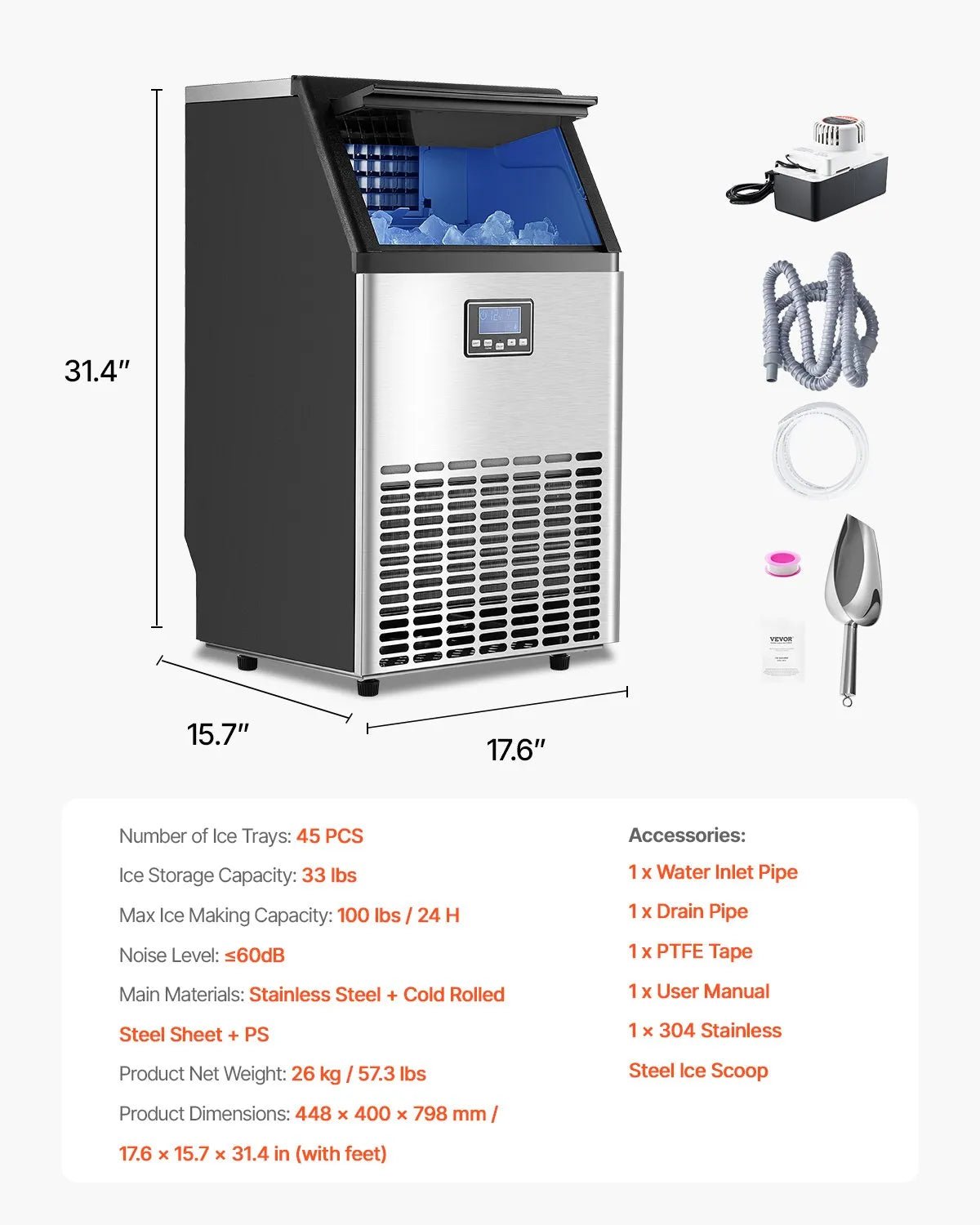 VEVOR komerciālais ledus ģenerators 45,4 kg/24 h ar drenāžas sūkni, 15 kg uzglabāšanas ietilpību, 45 kubiņi 15 minūtēs, brīvi stāvošs ar LED digitālo displeju un pašattīrīšanos, piemērots bāram, birojam un restorānam - ZEMLETES.LV