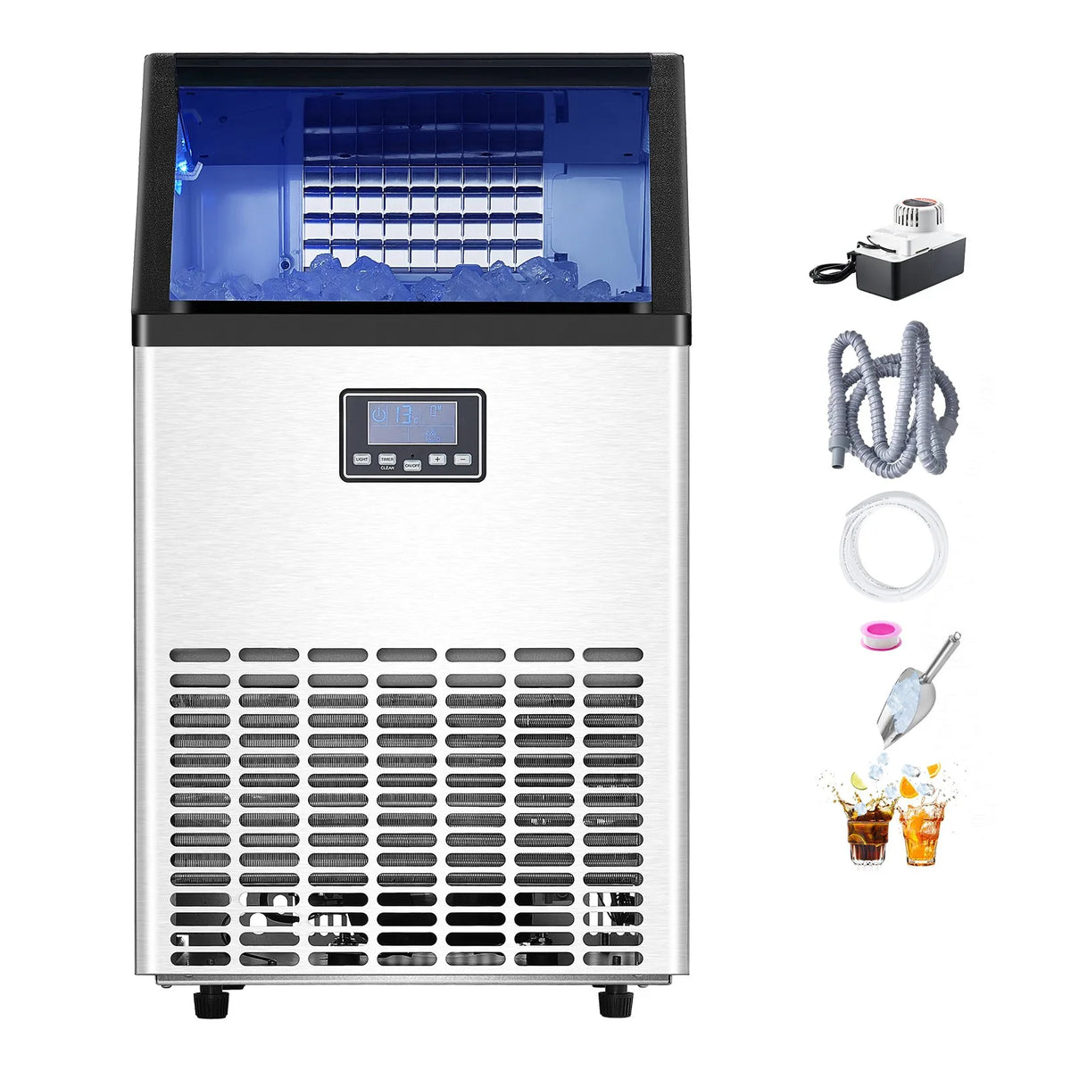 VEVOR komerciālais ledus ģenerators 45,4 kg/24 h ar drenāžas sūkni, 15 kg uzglabāšanas ietilpību, 45 kubiņi 15 minūtēs, brīvi stāvošs ar LED digitālo displeju un pašattīrīšanos, piemērots bāram, birojam un restorānam - ZEMLETES.LV