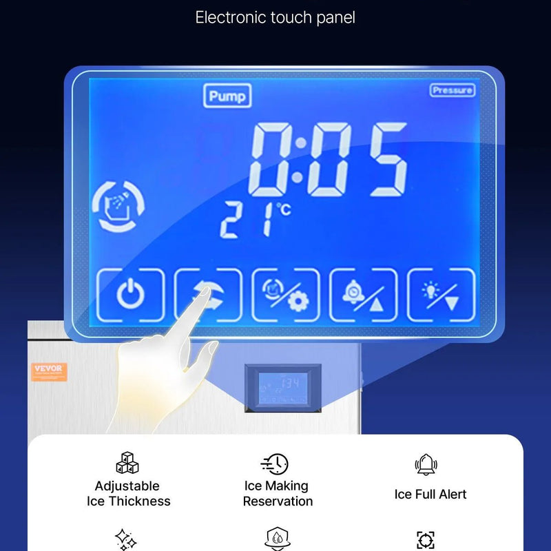 VEVOR komerciālais ledus ģenerators 181 kg/24 h, 82 kg uzglabāšanas tvertne, automātiska ledus dozēšana 9 kg/min, pašattīrīšanās funkcija, skārienvadība, piemērots bāram, kafejnīcai un restorānam - ZEMLETES.LV