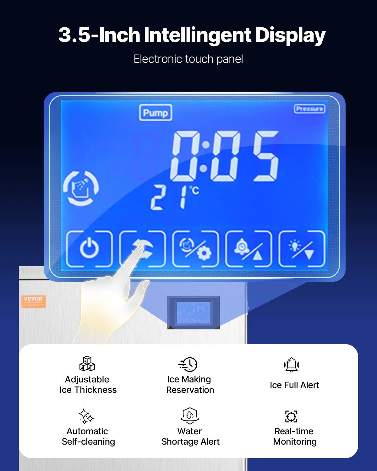 VEVOR komerciālais ledus ģenerators 181 kg/24 h, 82 kg uzglabāšanas tvertne, automātiska ledus dozēšana 9 kg/min, pašattīrīšanās funkcija, skārienvadība, piemērots bāram, kafejnīcai un restorānam - ZEMLETES.LV
