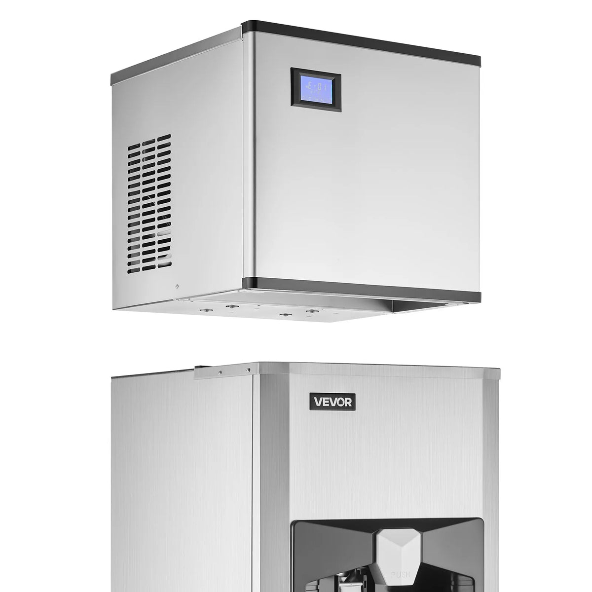 VEVOR komerciālais ledus ģenerators 226,8 kg/dienā ar 81,6 kg ledus uzglabāšanas tvertni un automātisku ledus padevi 9,1 kg/min ar pašattīrīšanos un skārienjutīgu displeju, piemērots bāriem, kafejnīcām un restorāniem - ZEMLETES.LV