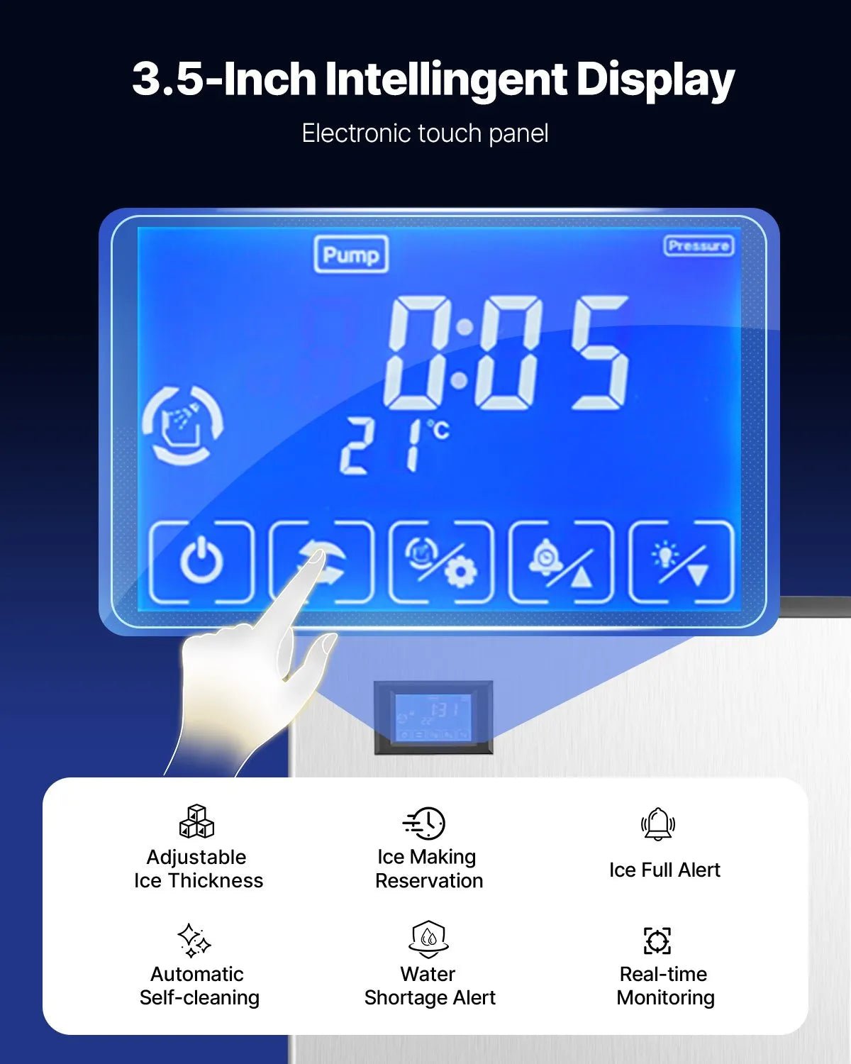 VEVOR komerciālais ledus ģenerators 226,8 kg/dienā ar 81,6 kg ledus uzglabāšanas tvertni un automātisku ledus padevi 9,1 kg/min ar pašattīrīšanos un skārienjutīgu displeju, piemērots bāriem, kafejnīcām un restorāniem - ZEMLETES.LV