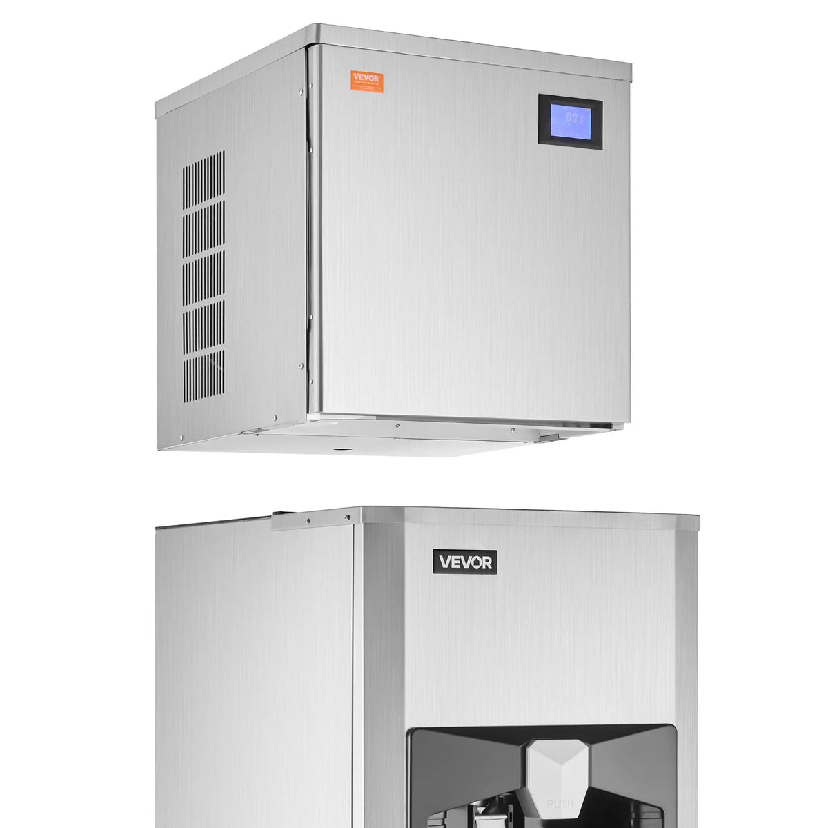 VEVOR komerciālais ledus ģenerators 249 kg/24 h, 82 kg uzglabāšanas tvertne, automātiska ledus dozēšana 9 kg/min, pašattīrīšanās funkcija, skārienvadība, piemērots bāram, kafejnīcai un restorānam - ZEMLETES.LV