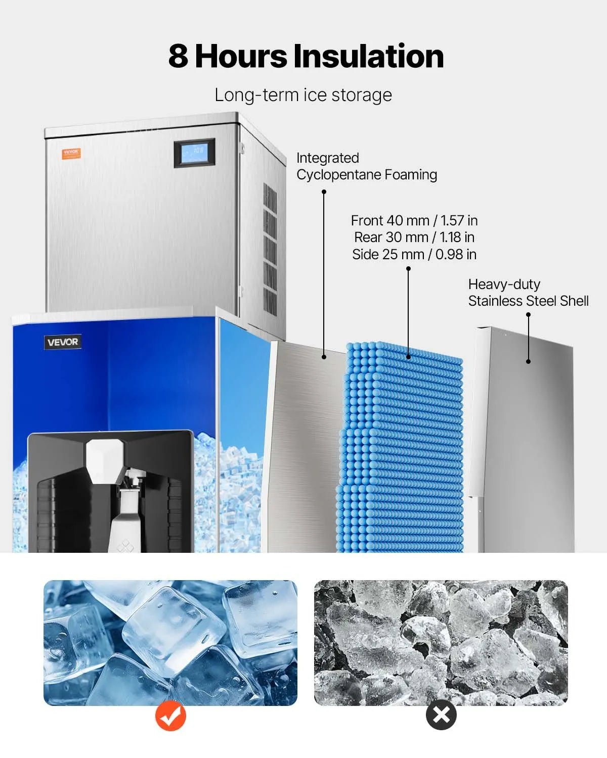 VEVOR komerciālais ledus ģenerators 249 kg/24 h, 82 kg uzglabāšanas tvertne, automātiska ledus dozēšana 9 kg/min, pašattīrīšanās funkcija, skārienvadība, piemērots bāram, kafejnīcai un restorānam - ZEMLETES.LV