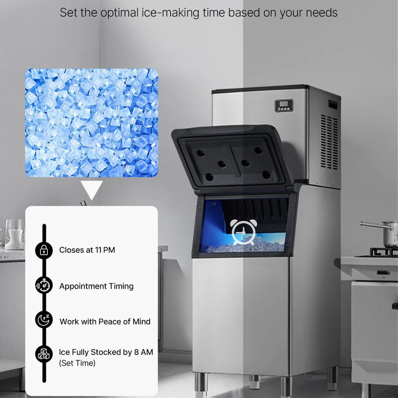 Komerciālā ledus mašīna 181,4 kg/24 h ar 136 kg ietilpīgu tvertni, automātisko pašattīrīšanos un skārienekrānu, piemērota bāriem, kafejnīcām un restorāniem