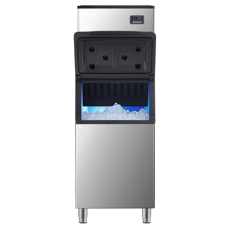 Komerciālā ledus mašīna 181,4 kg/24 h ar 136 kg ietilpīgu tvertni, automātisko pašattīrīšanos un skārienekrānu, piemērota bāriem, kafejnīcām un restorāniem