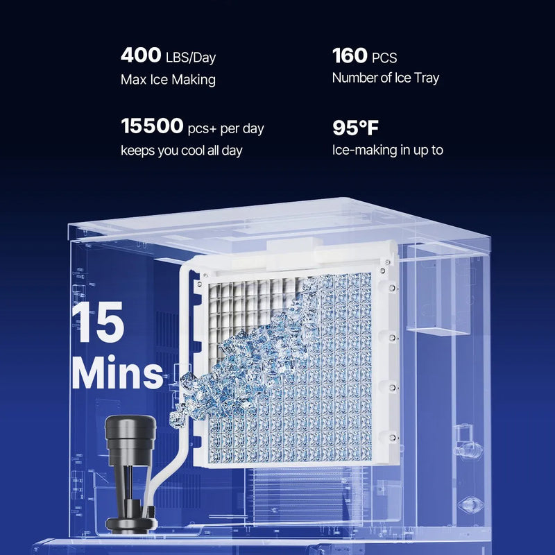 Komerciālā ledus mašīna 181,4 kg/24 h ar 136 kg ietilpīgu tvertni, automātisko pašattīrīšanos un skārienekrānu, piemērota bāriem, kafejnīcām un restorāniem