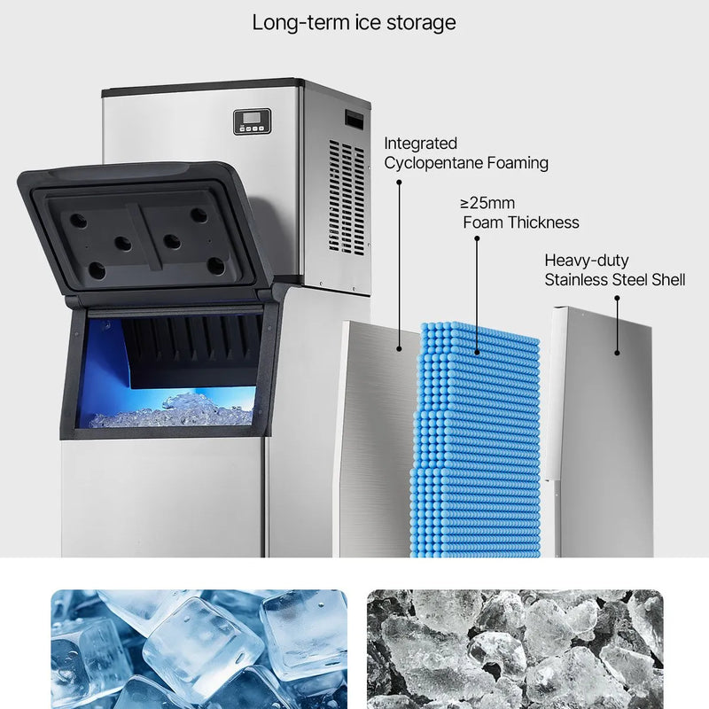Komerciālā ledus mašīna 181,4 kg/24 h ar 136 kg ietilpīgu tvertni, automātisko pašattīrīšanos un skārienekrānu, piemērota bāriem, kafejnīcām un restorāniem