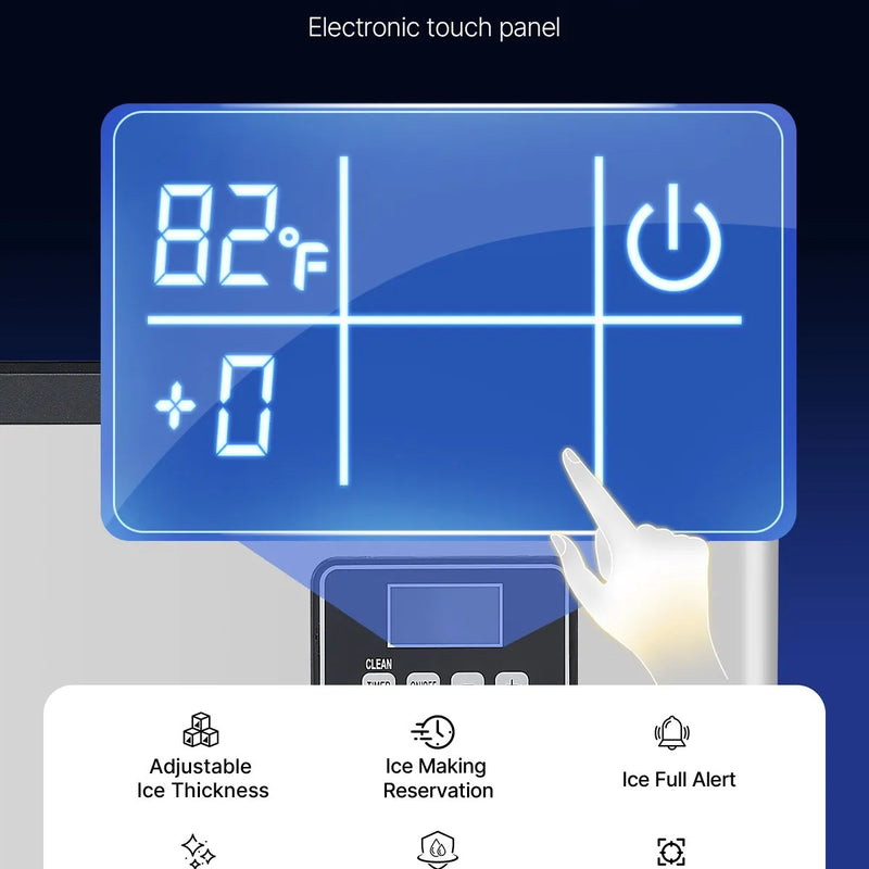 Komerciālā ledus mašīna 181,4 kg/24 h ar 136 kg ietilpīgu tvertni, automātisko pašattīrīšanos un skārienekrānu, piemērota bāriem, kafejnīcām un restorāniem