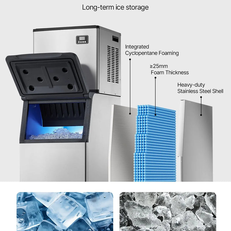 Komerciālā ledus mašīna 249,5 kg/24 h ar 136 kg ietilpīgu tvertni, automātisko pašattīrīšanos un skārienekrānu, piemērota bāriem, kafejnīcām un restorāniem