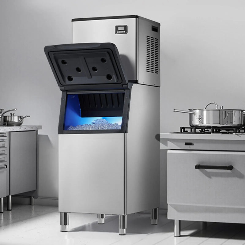 Komerciālā ledus mašīna 249,5 kg/24 h ar 136 kg ietilpīgu tvertni, automātisko pašattīrīšanos un skārienekrānu, piemērota bāriem, kafejnīcām un restorāniem