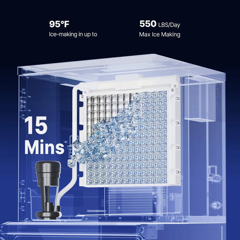 Komerciālā ledus mašīna 249,5 kg/24 h ar 136 kg ietilpīgu tvertni, automātisko pašattīrīšanos un skārienekrānu, piemērota bāriem, kafejnīcām un restorāniem