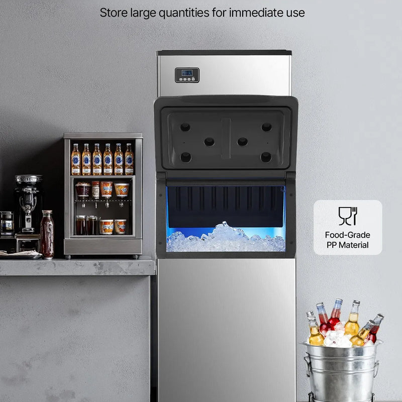 Komerciālā ledus mašīna 249,5 kg/24 h ar 136 kg ietilpīgu tvertni, automātisko pašattīrīšanos un skārienekrānu, piemērota bāriem, kafejnīcām un restorāniem